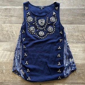 Lucky Brand Navy Blue Beaded Paisley Tank XS
